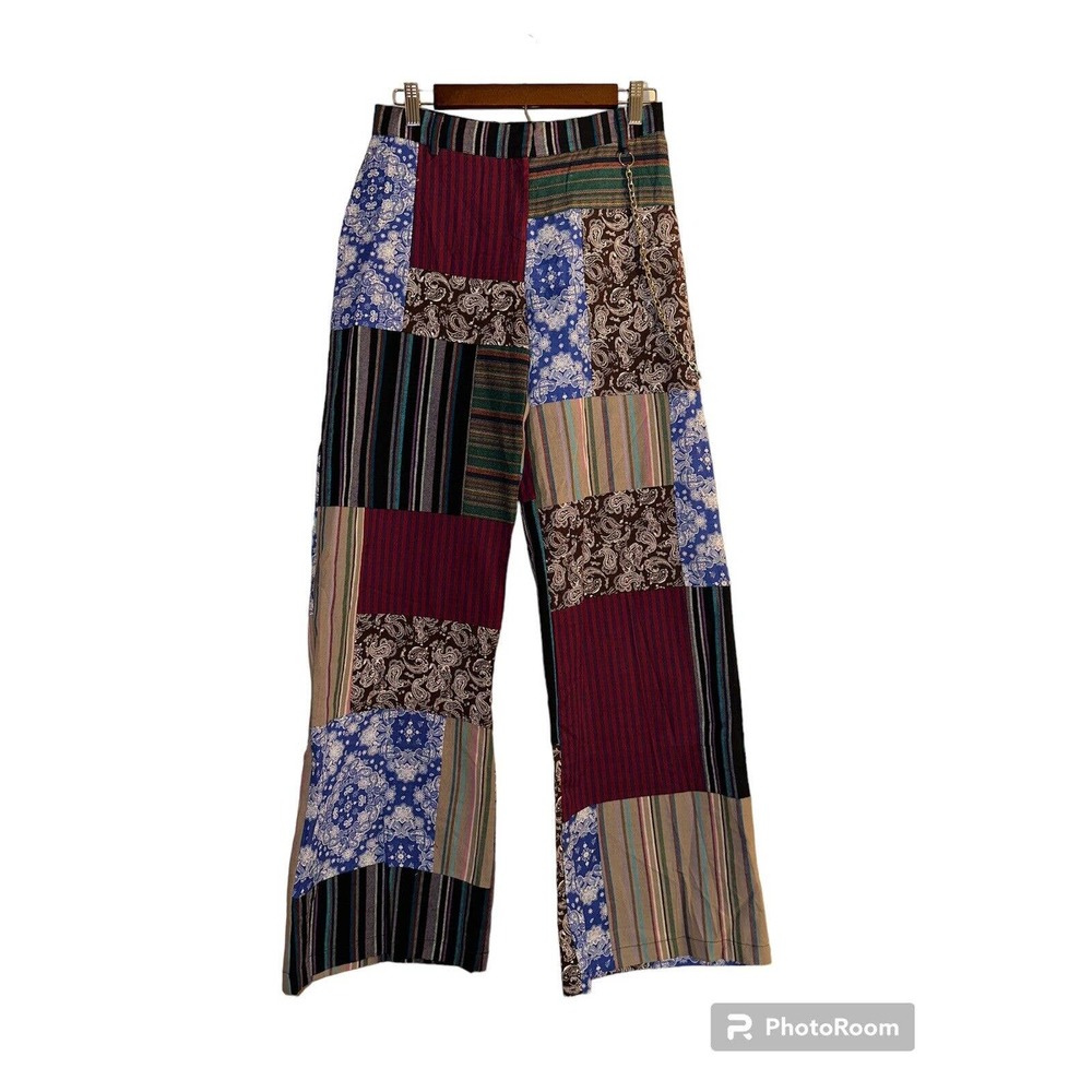 NWT The Ragged Priest Patchwork Wide Leg Trousers With Chain Size 8 ~Retail $89~